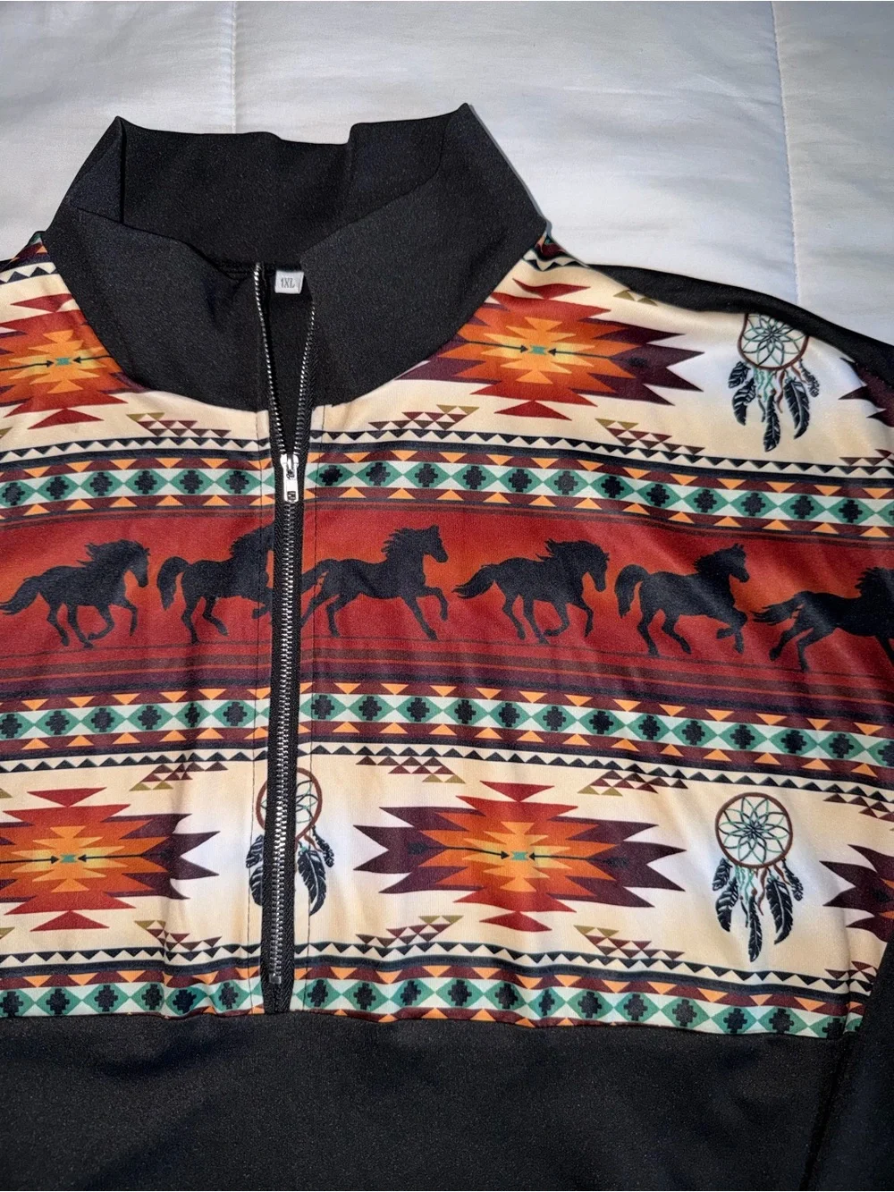 Women Western Pattern Black Quarter-Zip Pullover - 1X